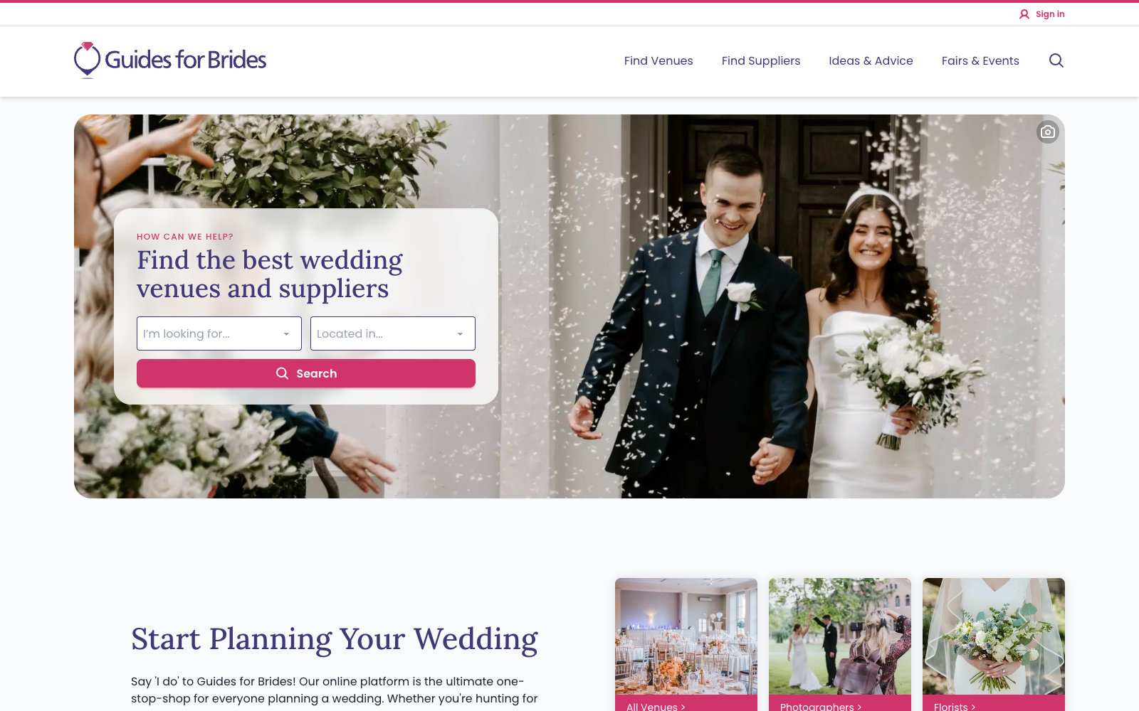 Guides for Brides marketplace homepage
