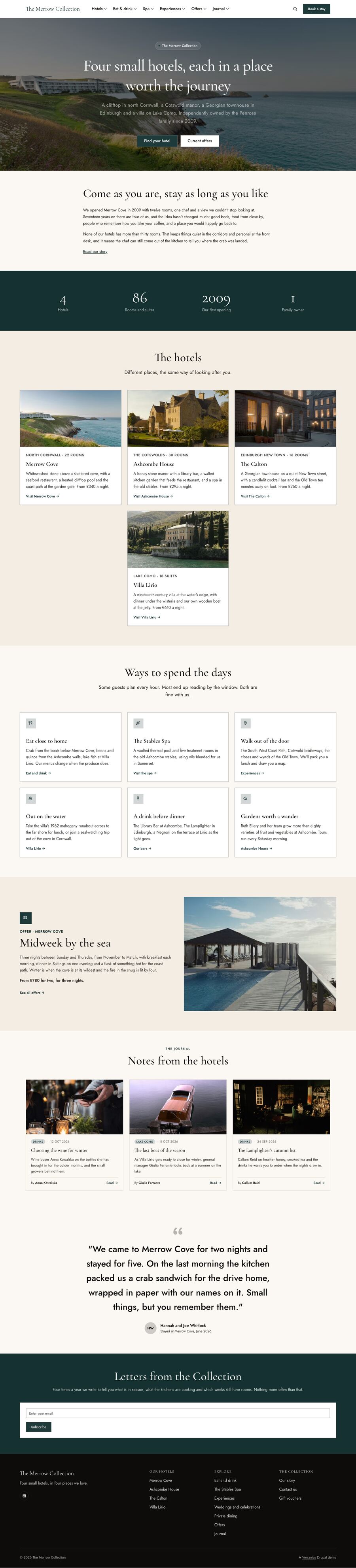 The Merrow Collection homepage: four small hotels, each in a place worth the journey