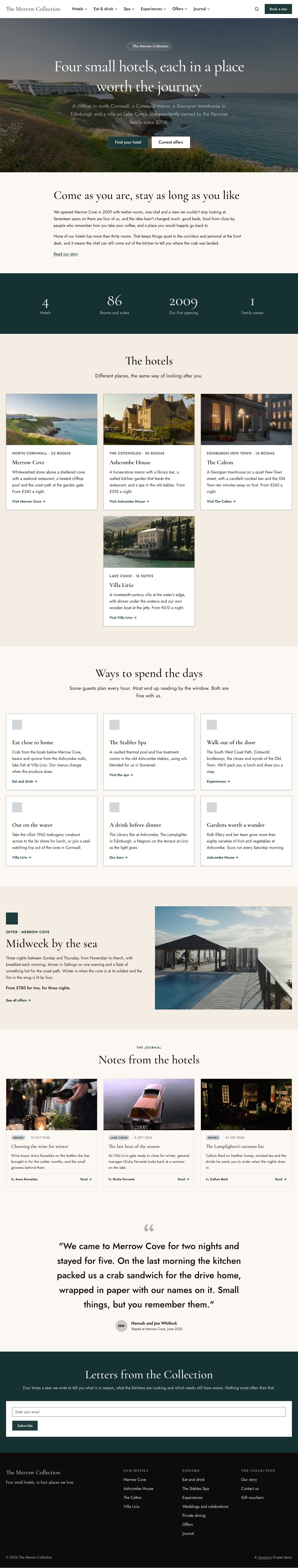 The Merrow Collection homepage, a demo hotel group site built with Versantus